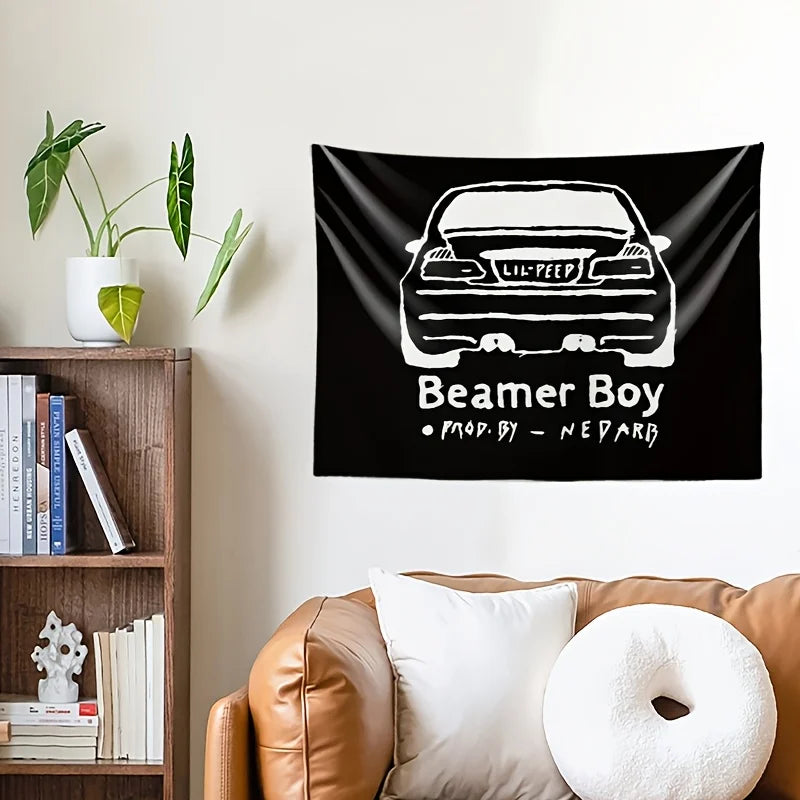 1pc Beamer Boy Music-Themed Tapestry - Black Cartoon Car Print Wall Hanging with Lil Peep Album Art Perfect for Dorms