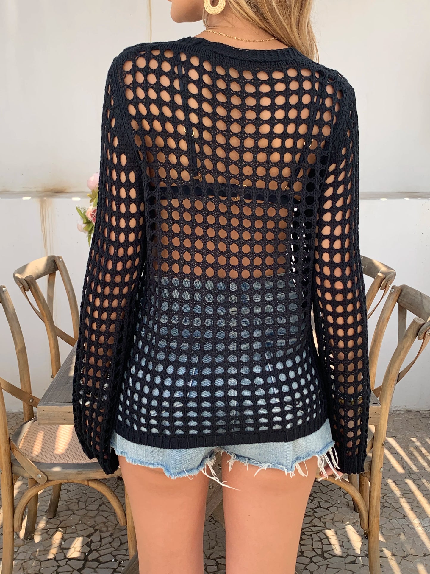 Women'S Lightweight Crochet Knit Top - Casual V-Neck, Long Sleeve Hollow Out Knit with Golden Star Beach Cover-Up, Perfect for S