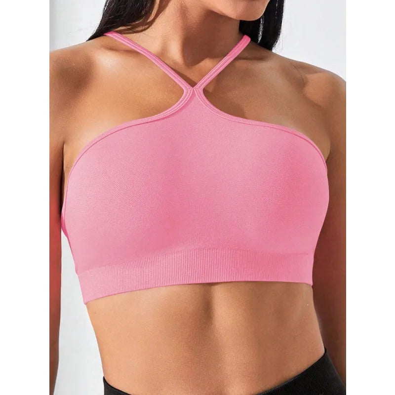 Women's Criss Cross Slim Fit Sports Cami Top Seamless Halter Crop Tee Shirt Tops Workout Tops