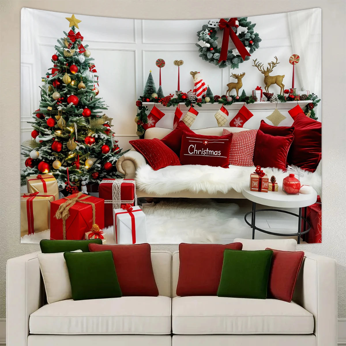 1pc Christmas tapestry, snow background banner outside the Christmas tree window, Christmas fireplace tapestry