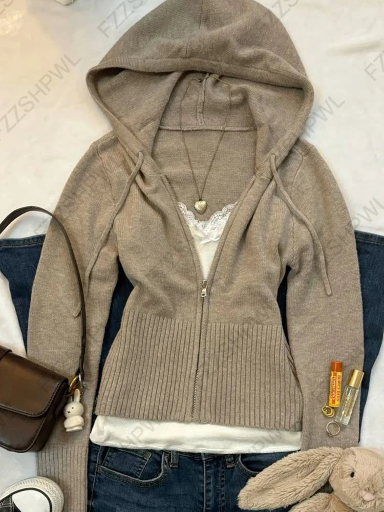 Women's Autumn Winter Knitted Cardigan Hoodies Sexy Slim Chic Solid Color Sweater 2000s Harajuku Sweet Kawaii Hotties Streetwear