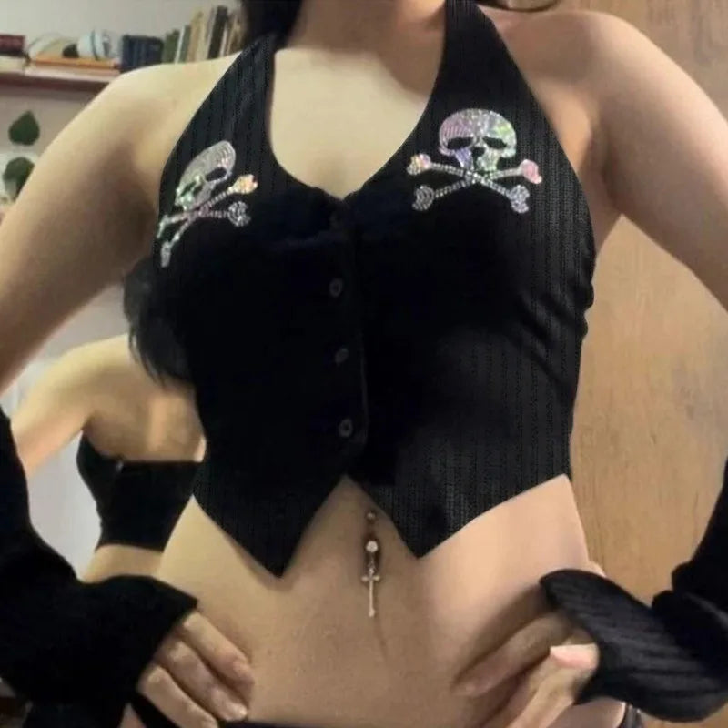 Y2k Aesthetic Grunge Graphics Rhinestone Skeleton Print  Sexy Vintage Punk Gothic Camisole Crop Top Emo Girls Tank Tops