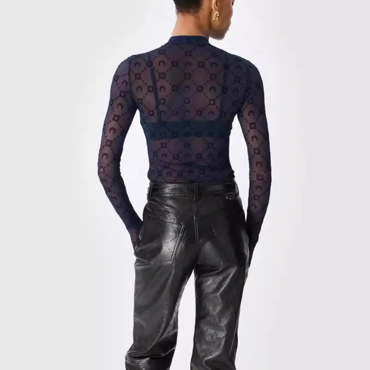 Women Tshirt Long Sleeve Korean Sexy Sweet Spicy Top Hollow Out Mesh Plush Moon Print Street Shorts Mushroom Edge Tight Fit