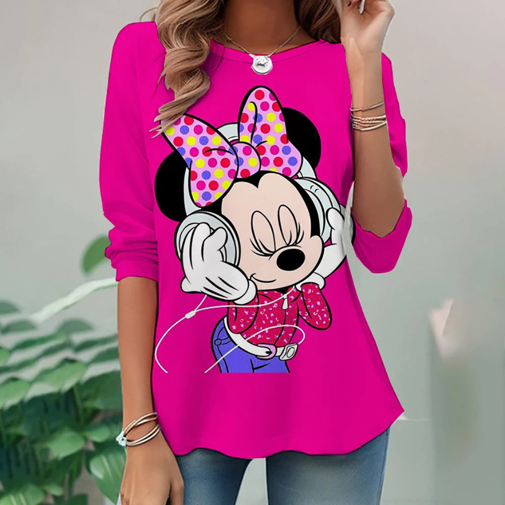 Women's Spring and Autumn New S-3XL Large T-shirt Solid Color Long Sleeve Loose Disney's Mickey Mouse Casual Harajuku Waist T-sh