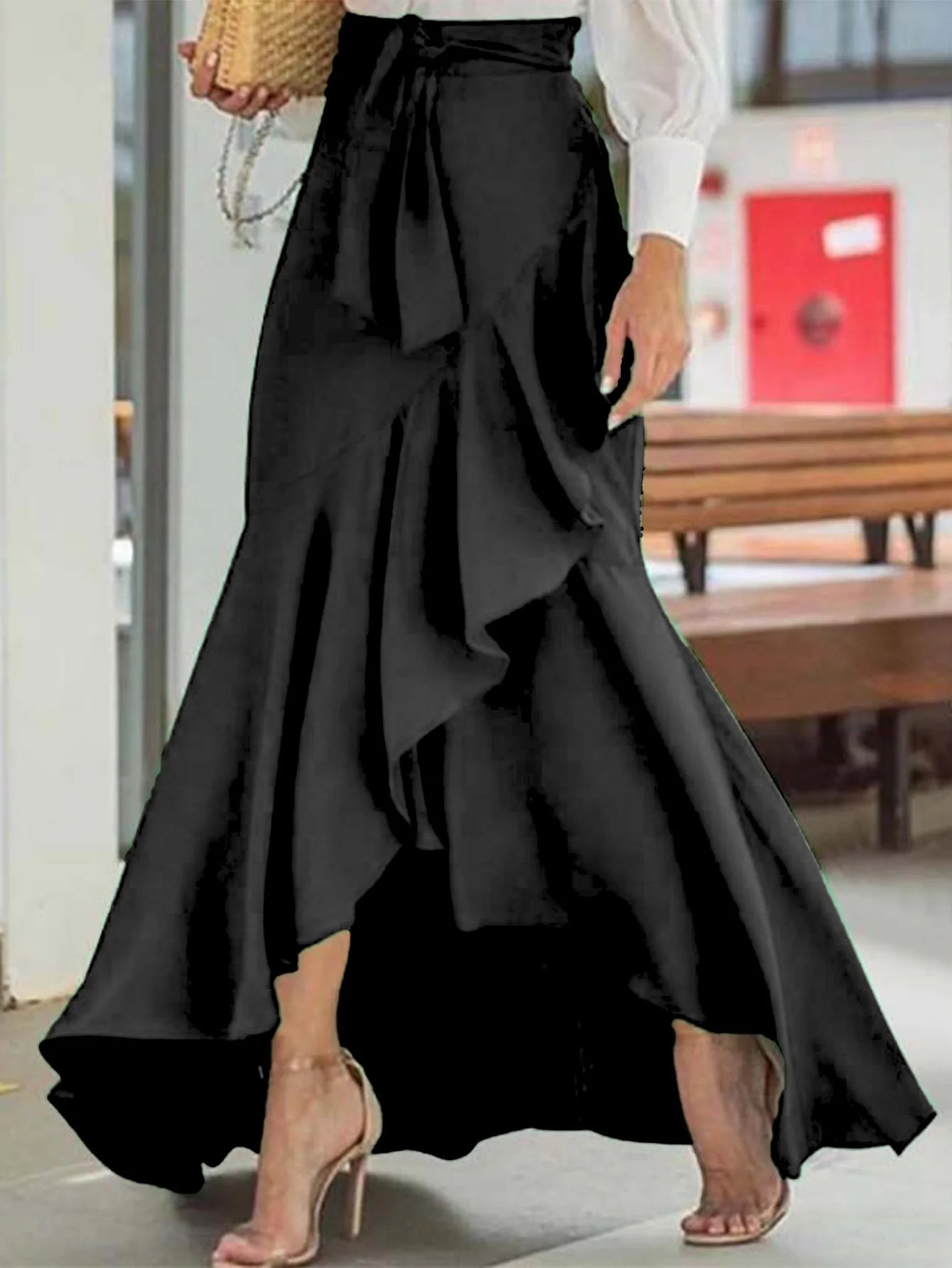 Women's Elegant Solid High Waist Mermaid Skirt Fashion Elastic Irregular Ruffle Long Skirt Casual Bow Tie Detail Maxi Skirt 2025