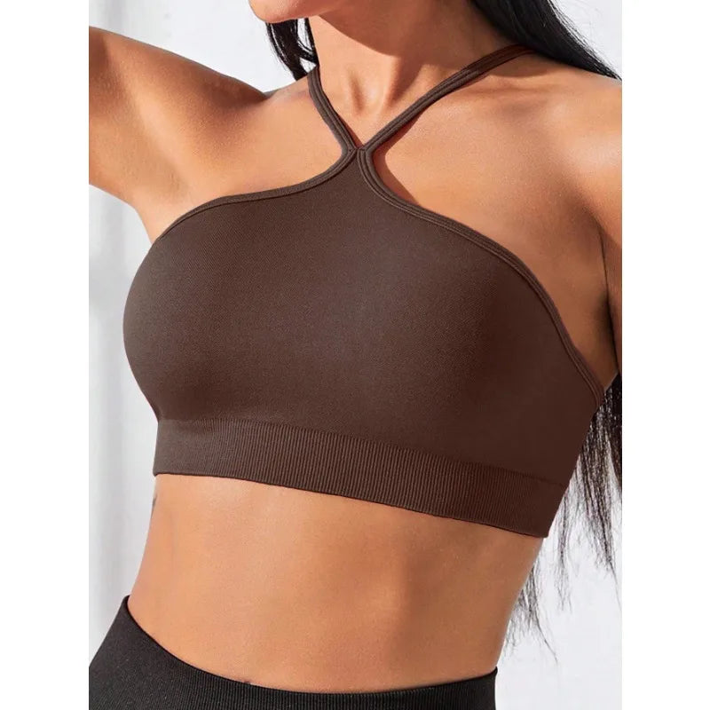 Women's Criss Cross Slim Fit Sports Cami Top Seamless Halter Crop Tee Shirt Tops Workout Tops