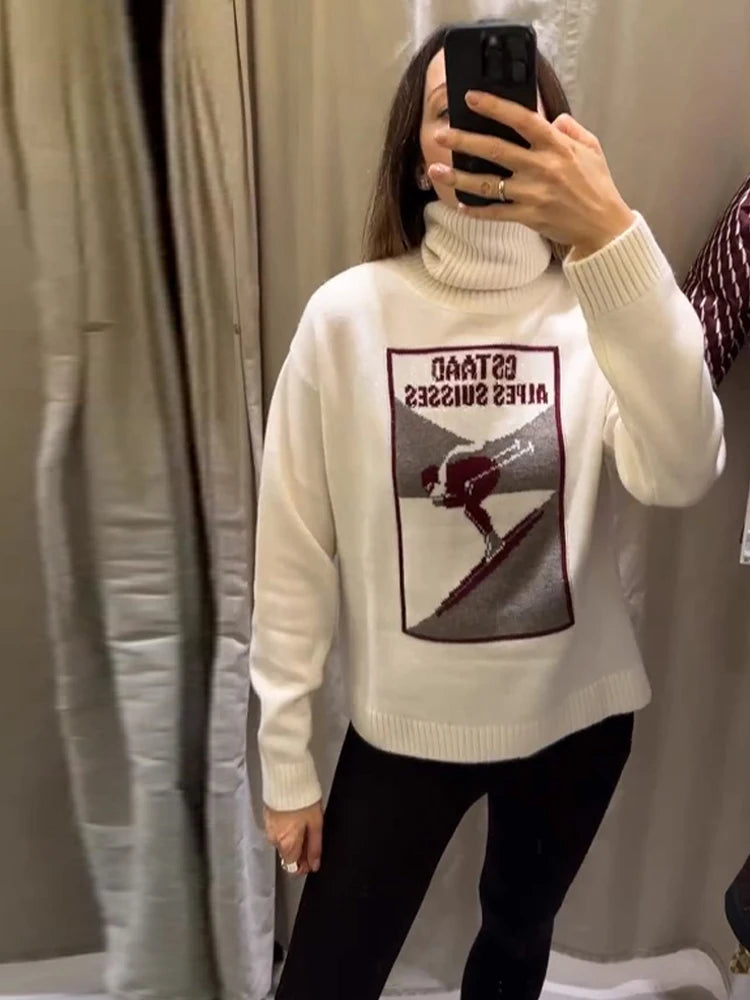 Women's 2 Pcs Suits Printed Pullover Sweater Pants Sets Street Female Turtleneck Long Sleeve Tops High Waist Trousers New Outfit