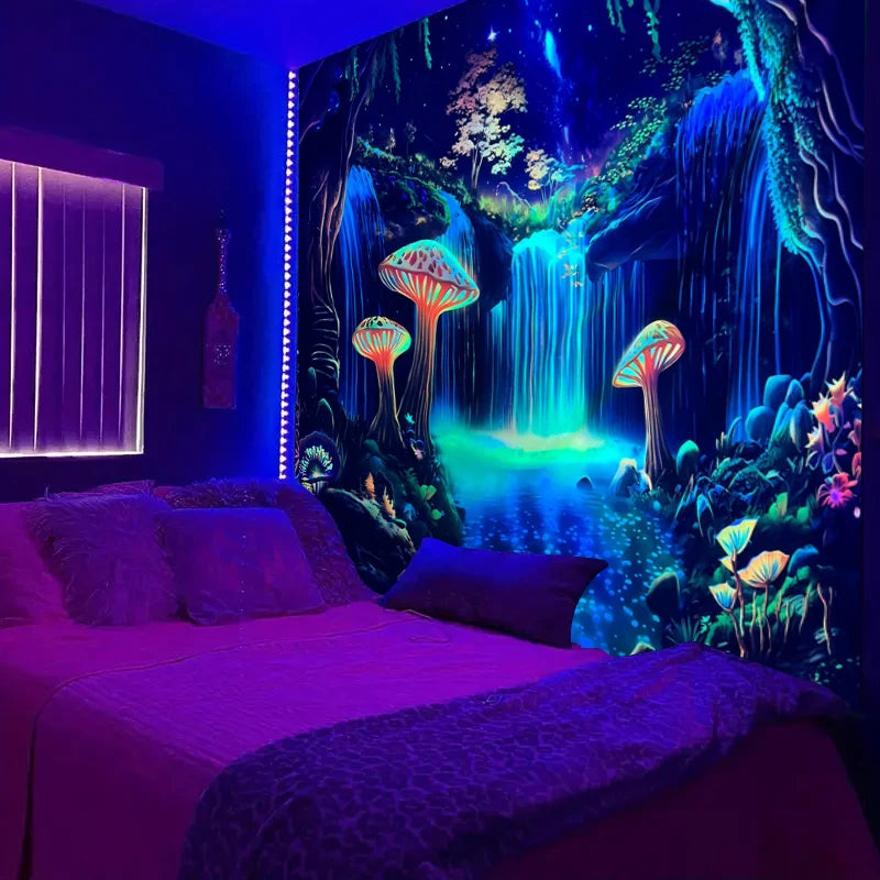 1pc Fluorescent fantasy mushroom forest tapestry, UV responsive waterfall landscape tapestry, psychedelic starry sky tapestry