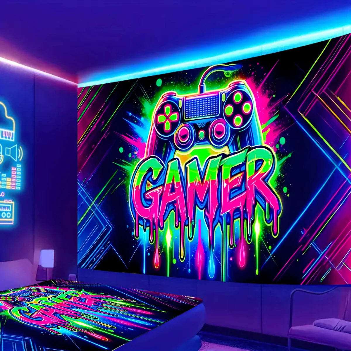 1pc Game controller fluorescent tapestry, UV reactive tapestry, e-sports room, e-sports club background decoration wall hanging