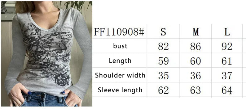 Y2K Grunge Cyber Mall Goth Thermal T-shirt Skulls Graphic Print Long Sleeve Pullovers Tops Women 90s Vintage Aesthetic Tees