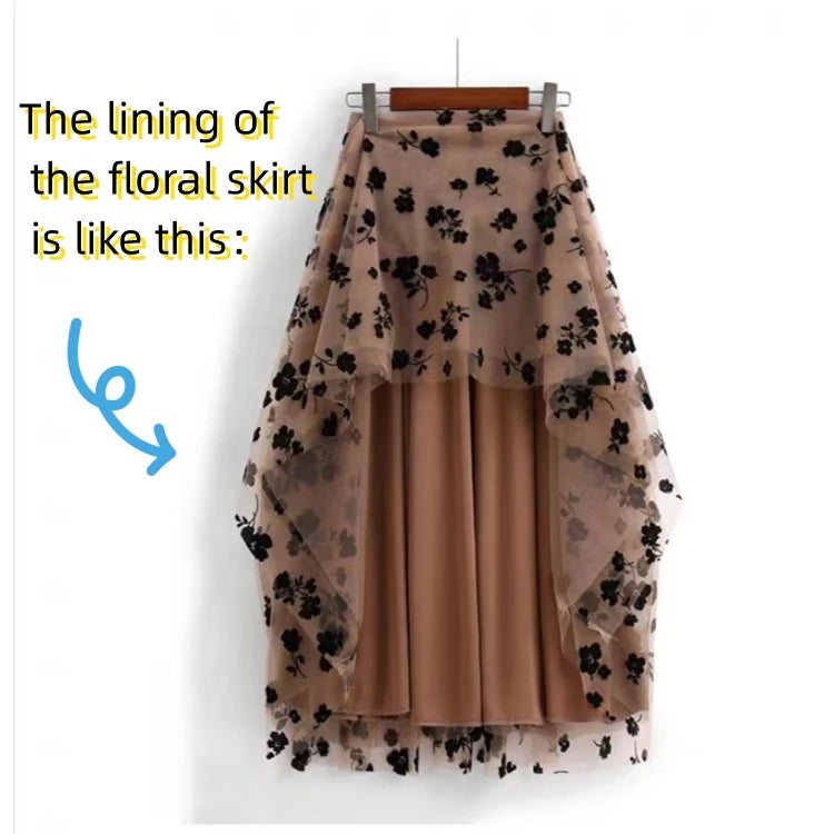 Women's Mesh Flower Skirts 2024 Autumn Winter Lace Flocking Big Swing Elastic High Waist Fashion Elegant A-line White Skirt Dot