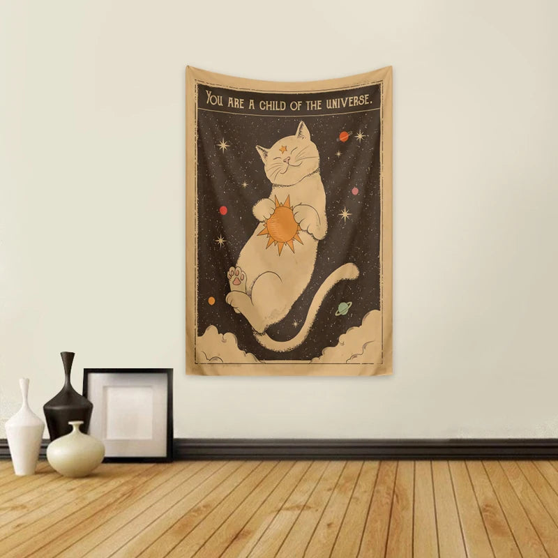 1pc Tarot Cat Tapestry, Moon Phase Sun Universe Starry Sky Tapestry, Cute Cat Wall Hanging