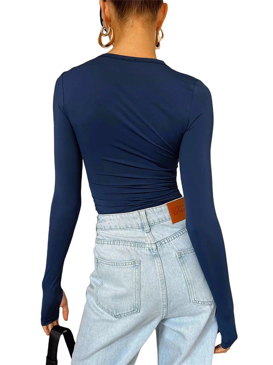 Women T-shirt, Long Sleeve Crew Neck Solid Slim Fit Ladies Crop Top with Thumb Holes for Daily Street