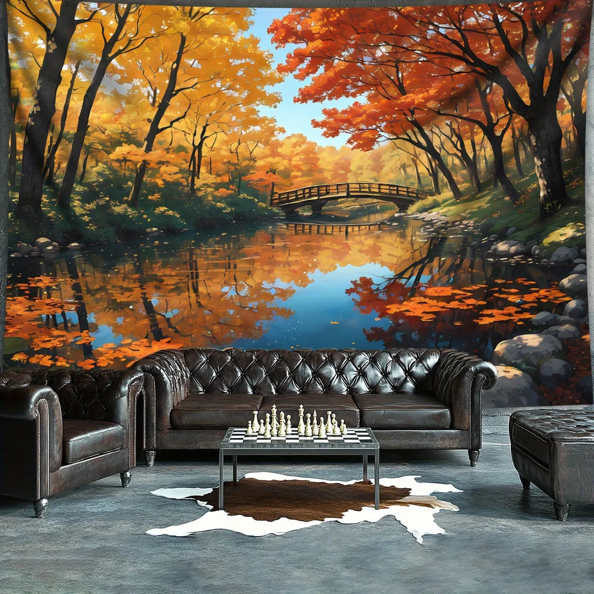 1pc Large Autumn Forest Lake Tapestry Wall Hanging - Realistic Fall Foliage Maples & Birch Trees with Chequered Sofa & Bridge, G