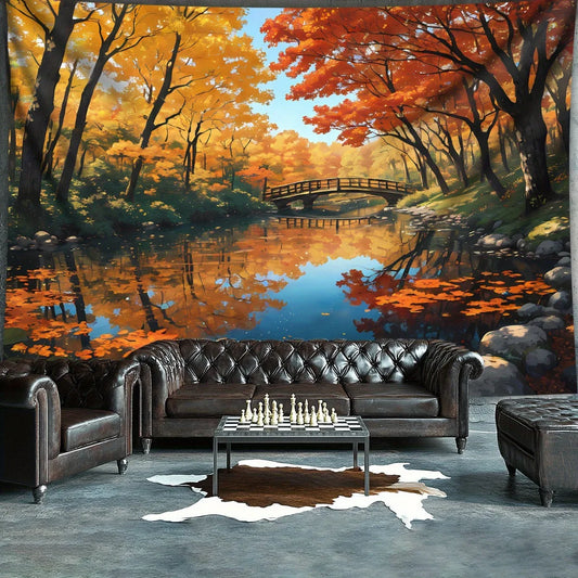 1pc Large Autumn Forest Lake Tapestry Wall Hanging - Realistic Fall Foliage Maples & Birch Trees with Chequered Sofa & Bridge, G