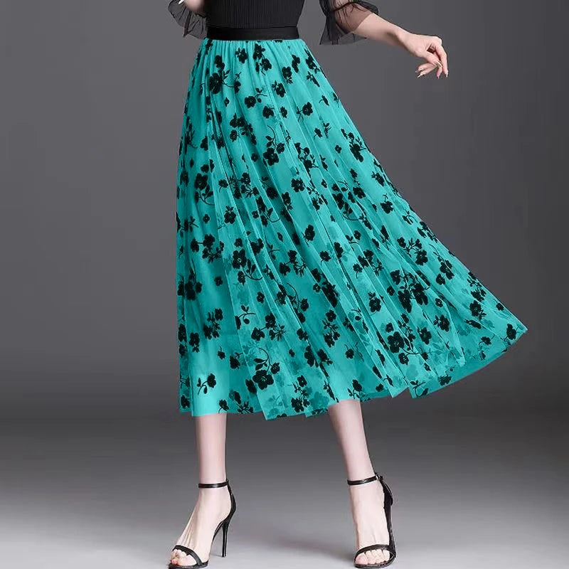 Women's Mesh Flower Skirts 2024 Autumn Winter Lace Flocking Big Swing Elastic High Waist Fashion Elegant A-line White Skirt Dot