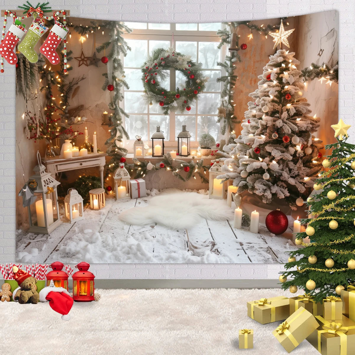 1pc Christmas tapestry, snow background banner outside the Christmas tree window, Christmas fireplace tapestry
