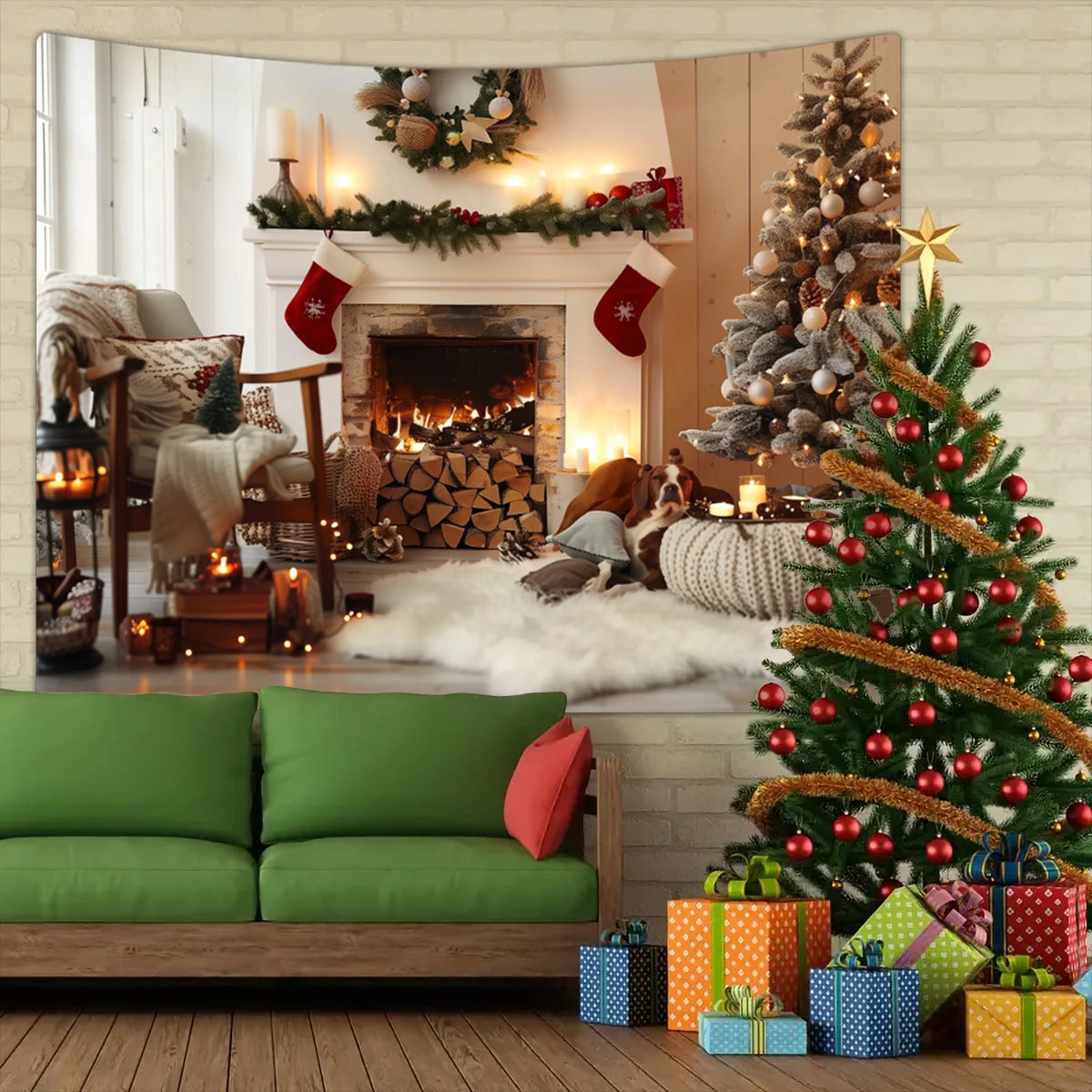 1pc Christmas tapestry, snow background banner outside the Christmas tree window, Christmas fireplace tapestry