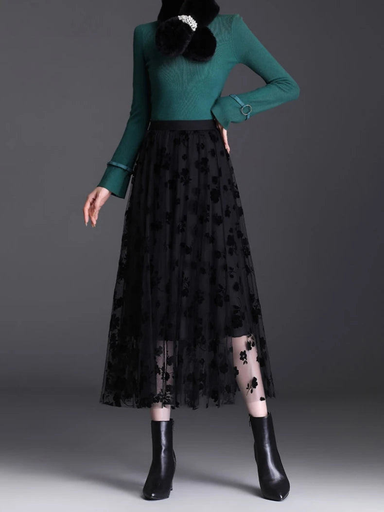 Women's Mesh Flower Skirts 2024 Autumn Winter Lace Flocking Big Swing Elastic High Waist Fashion Elegant A-line White Skirt Dot