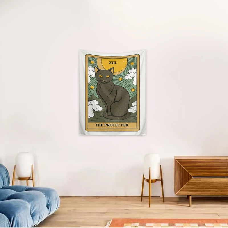 1pc Tarot Cat Tapestry, Moon Phase Sun Universe Starry Sky Tapestry, Cute Cat Wall Hanging