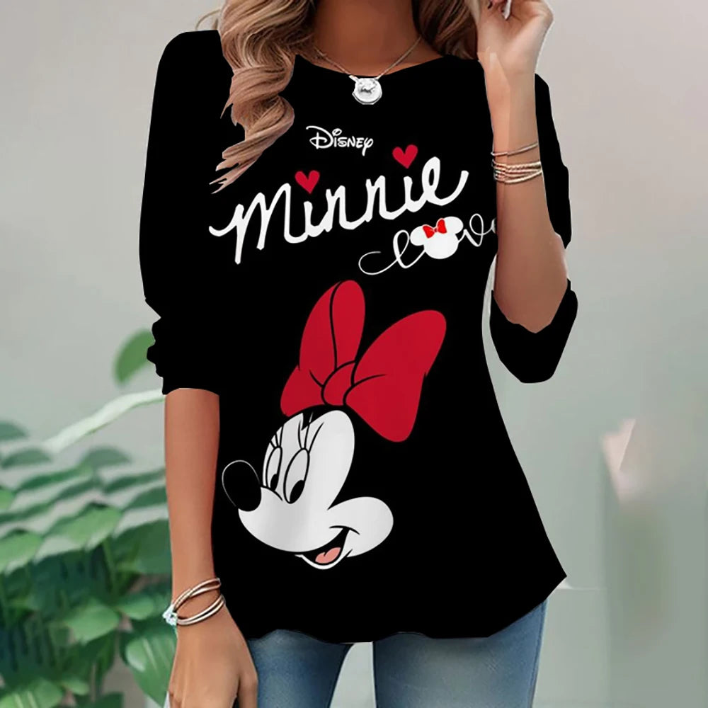 Women's Spring and Autumn New S-3XL Large T-shirt Solid Color Long Sleeve Loose Disney's Mickey Mouse Casual Harajuku Waist T-sh