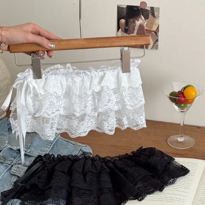 2025 Spring Summer Women Y2K Korean Lace Mini Layered Skirt Streetwear Lace Up Ruffles Harajuku High Waist Pleated Ladies Skirts