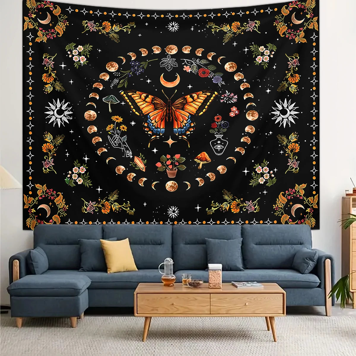 1pc Butterfly, Moon, Flower Tapestry, Plant Flower Bohemian Tapestry, Bedroom Aesthetics Retro Moonphase Starry Sky Tapestry