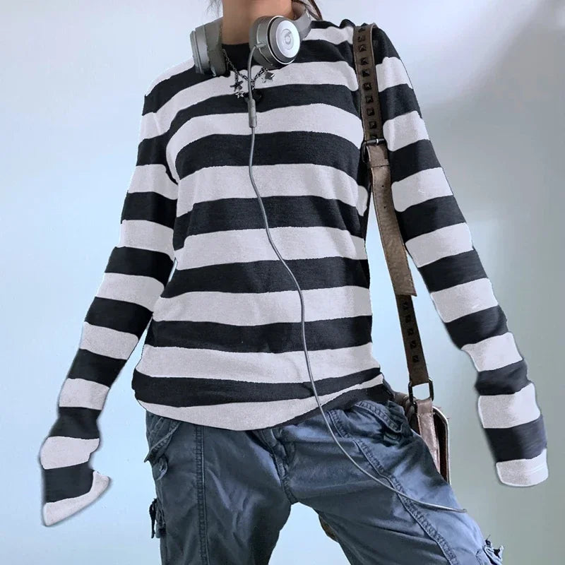 Women Teen Girls Fairy Grunge Y2k Long Sleeve Baggy Shirt Tops Striped Baby Tees Vintage Streetwear T-Shirt Autumn Clothes