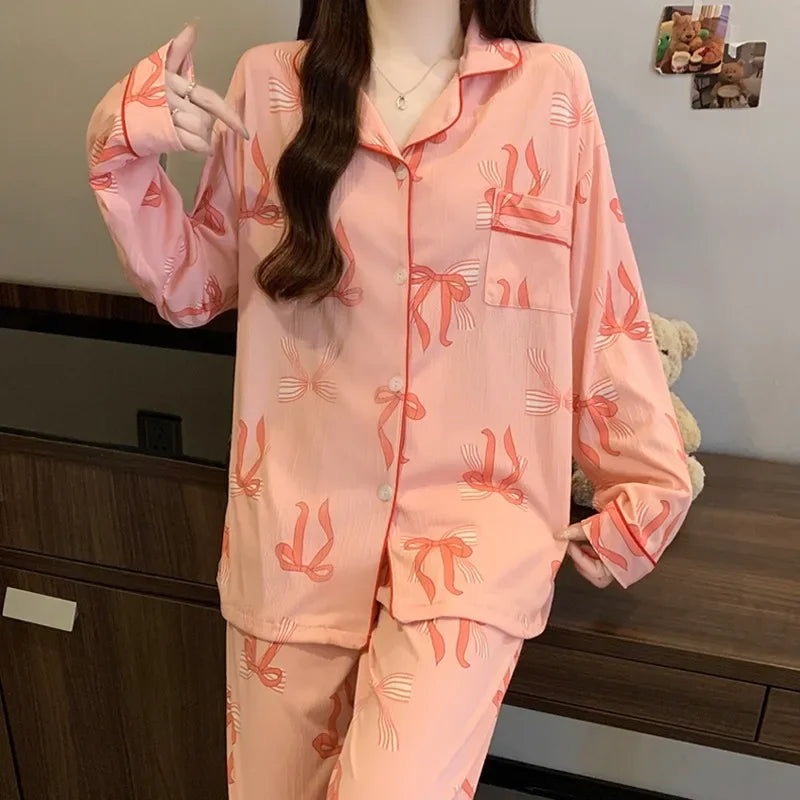 Women's Pajamas Set Bow Print Sleepwear Button Down Tops Long Pajama 2 Piece Suit Pyjama Femme Nightwear Loungewear for Winter