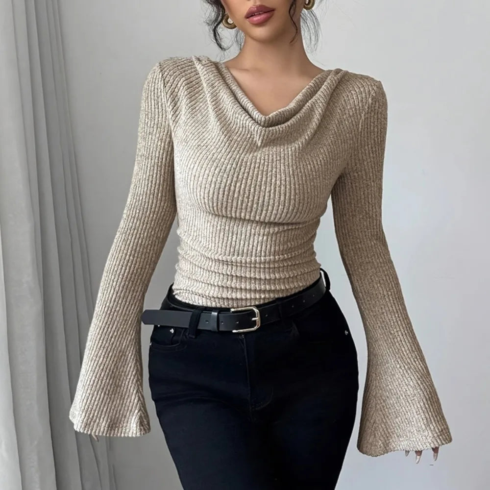2025 Women Autumn Winter Long Sleeve Y2K Crop Top Trendy Off Shoulder Asymmetrical Fitted Knit V Neck Tee Shirts Tops Streetwear