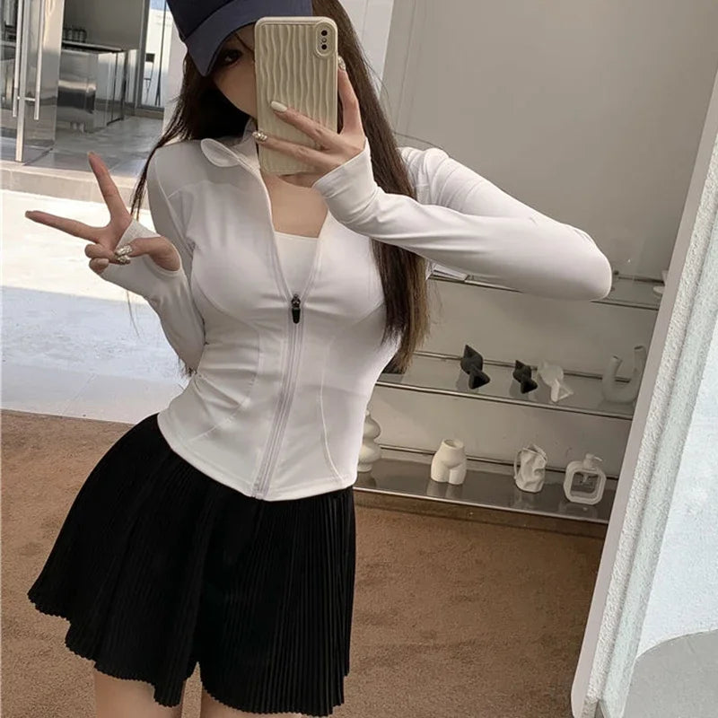 2025 New Slim Fit Long Sleeve T Shirt Women Wild Zipper Up Waist Slimming Yoga Tshirt Woman Tight Stand Collar Crop Tops Female