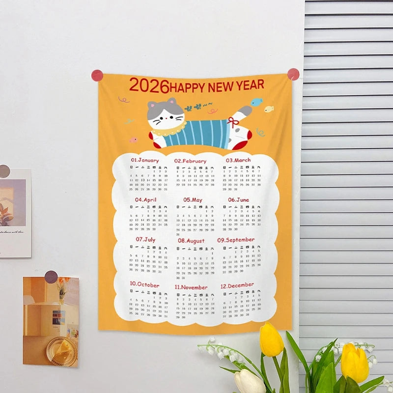 2026 New Year Tapestry 2026 Calendar Backdrop Cloth Dormitory Bedroom Decorative Background Cloth INS Wall Hanging Blanket