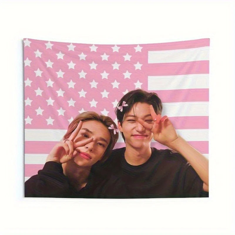 1pc of SKZ Live America Flag Banner Featuring Stray Hyunjin & Merchandise, Designed in Pink with White Stripes Tapestry