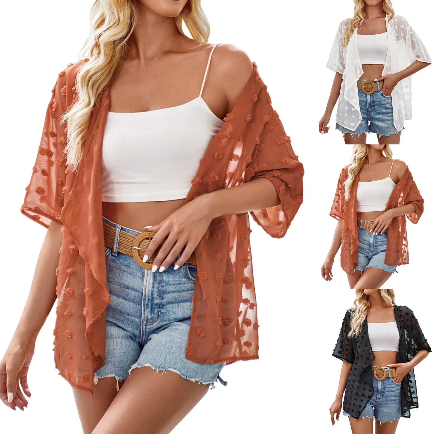 2025 Spring Summer Womens Swimwear Cover-Ups Sexy Open Front Beachwear See-Through Swimsuit Kimono Cardigan Bikini Cover Up