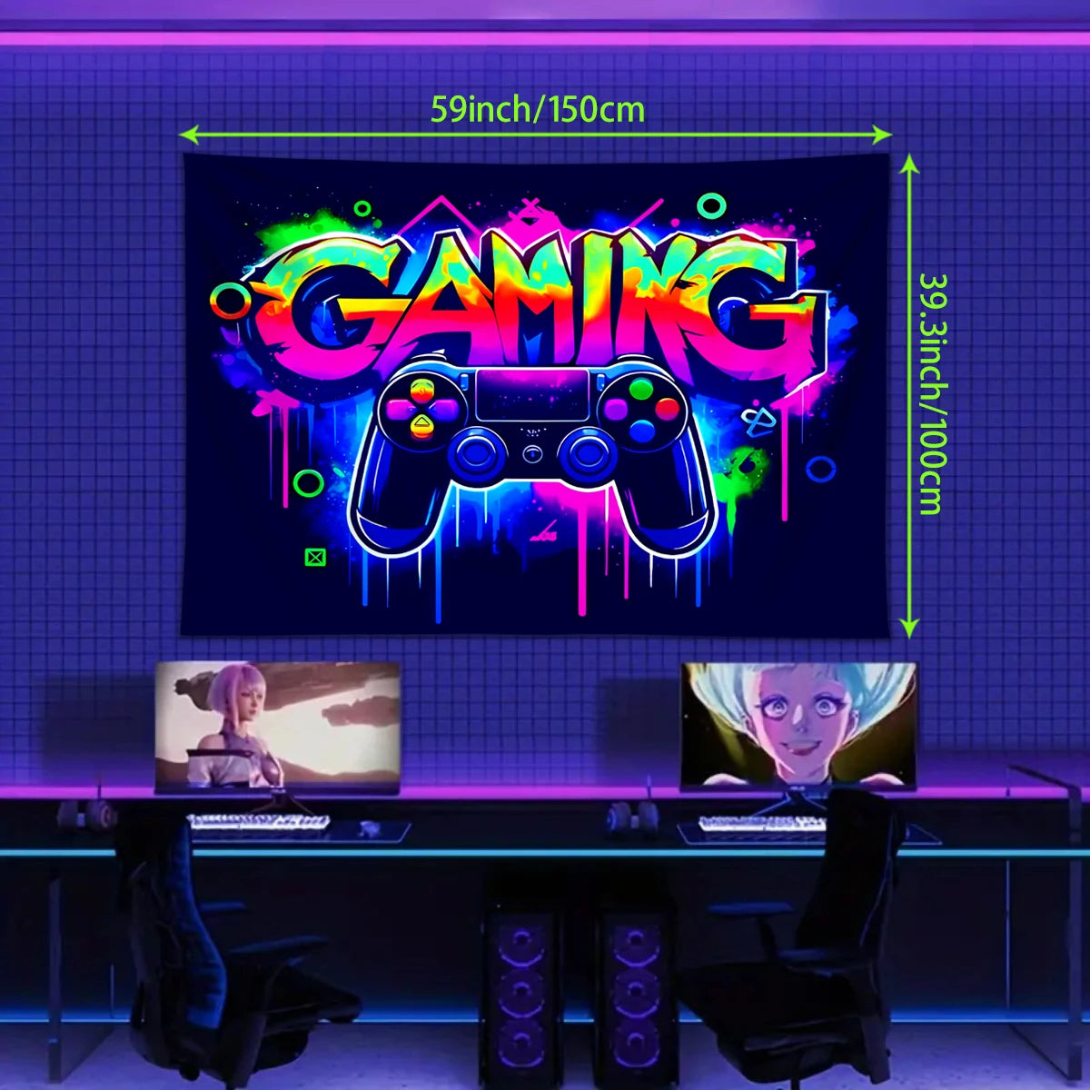 1pc Game controller fluorescent tapestry, UV reactive tapestry, e-sports room, e-sports club background decoration wall hanging