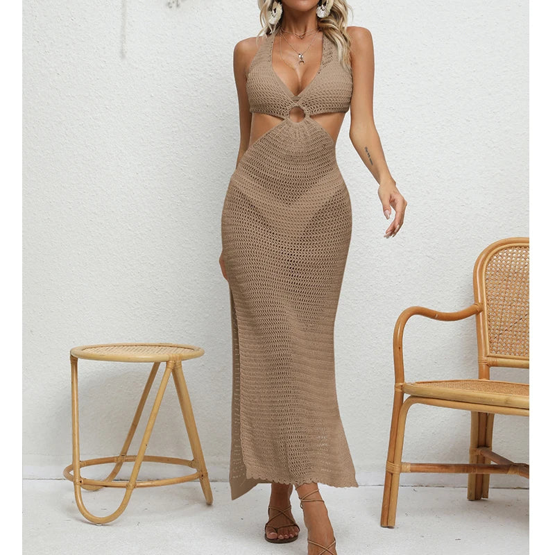 Women's Sexy Binding Rope Deep V Beach Cover-Up Knitting Halter Tunic Long Dress See-Through Summer Holiday Casual Beachwear