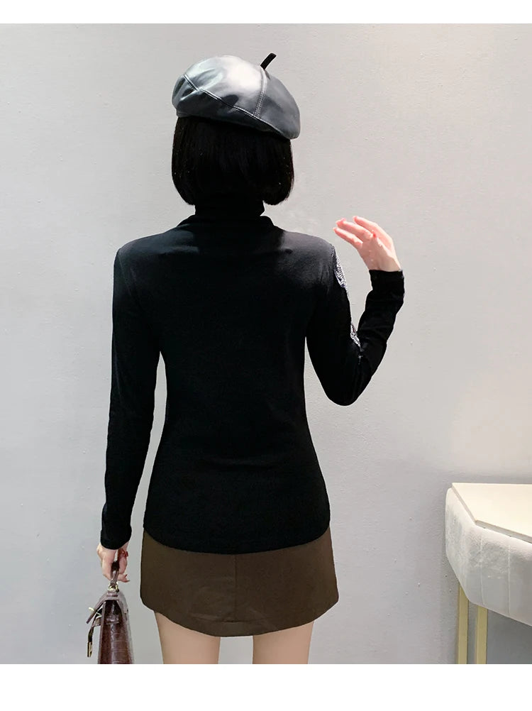 2025 European Station Long Sleeve Women Tees Autumn Winter New Stand collar Hot Diamond T Shirt Fashion Slim Mesh Tops