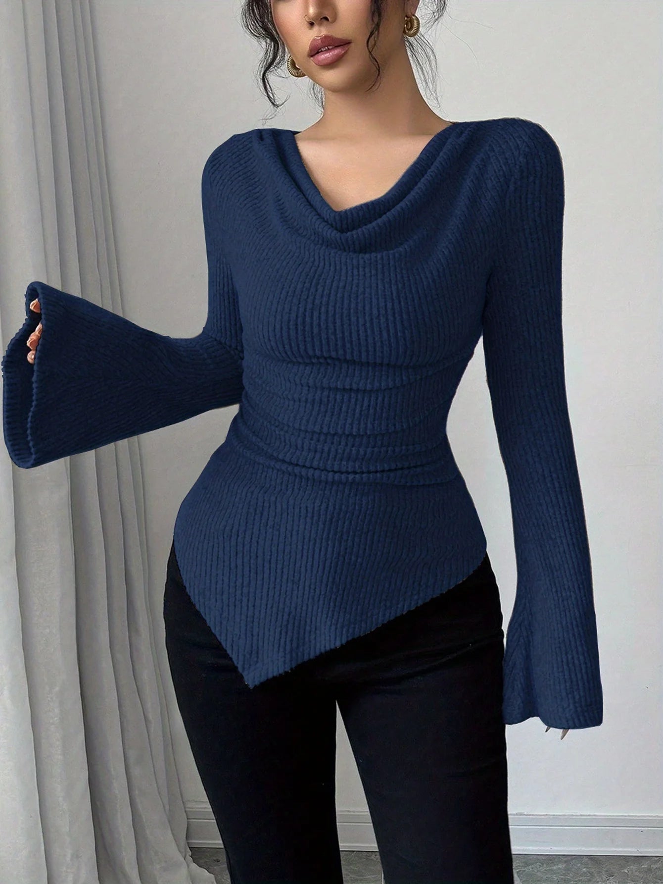 2025 Women Autumn Winter Long Sleeve Y2K Crop Top Trendy Off Shoulder Asymmetrical Fitted Knit V Neck Tee Shirts Tops Streetwear