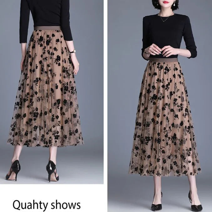 Women's Mesh Flower Skirts 2024 Autumn Winter Lace Flocking Big Swing Elastic High Waist Fashion Elegant A-line White Skirt Dot