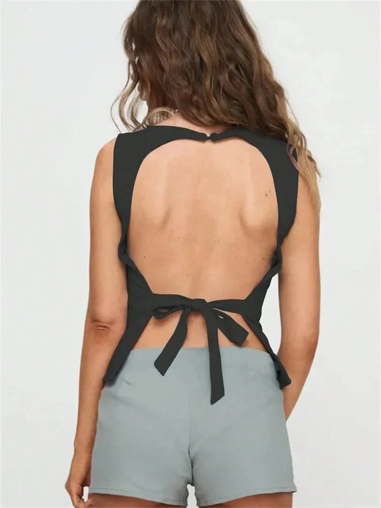 Women's Sexy Solid Color Backless Tank Top for Summer Club Sleeveless Knot Backless Tee Top Streetwear Y2K Clothes 2025