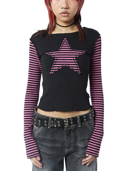 Women Star Casual Shirt Y2k Gothic Tops Long Sleeve Crew Neck Star Stripes Vintage Aesthetic Slim Tops Fashion Grunge Streetwear