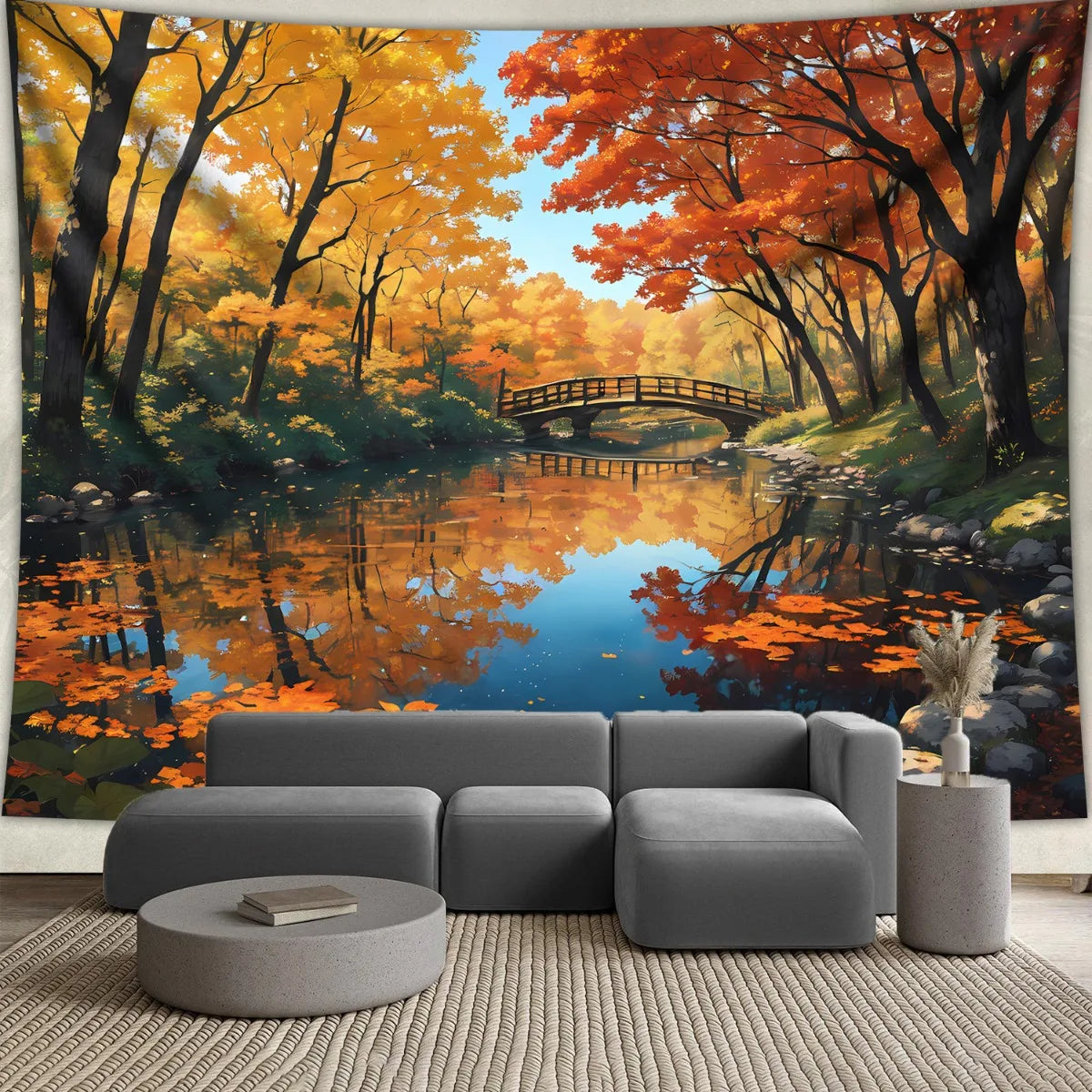 1pc Large Autumn Forest Lake Tapestry Wall Hanging - Realistic Fall Foliage Maples & Birch Trees with Chequered Sofa & Bridge, G
