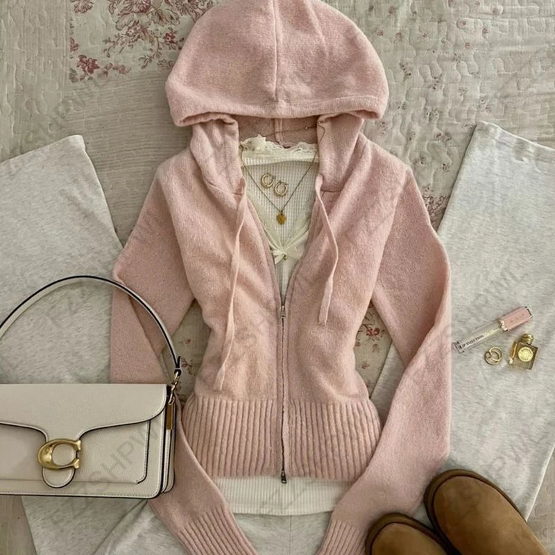 Women's Autumn Winter Knitted Cardigan Hoodies Sexy Slim Chic Solid Color Sweater 2000s Harajuku Sweet Kawaii Hotties Streetwear