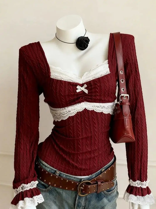 2026 New Spring Vintage Slim Y2k T-Shirts Women Warm France Design Retro Lace Patchwork Thin Skinny Long Sleeve Hot Girl Tees