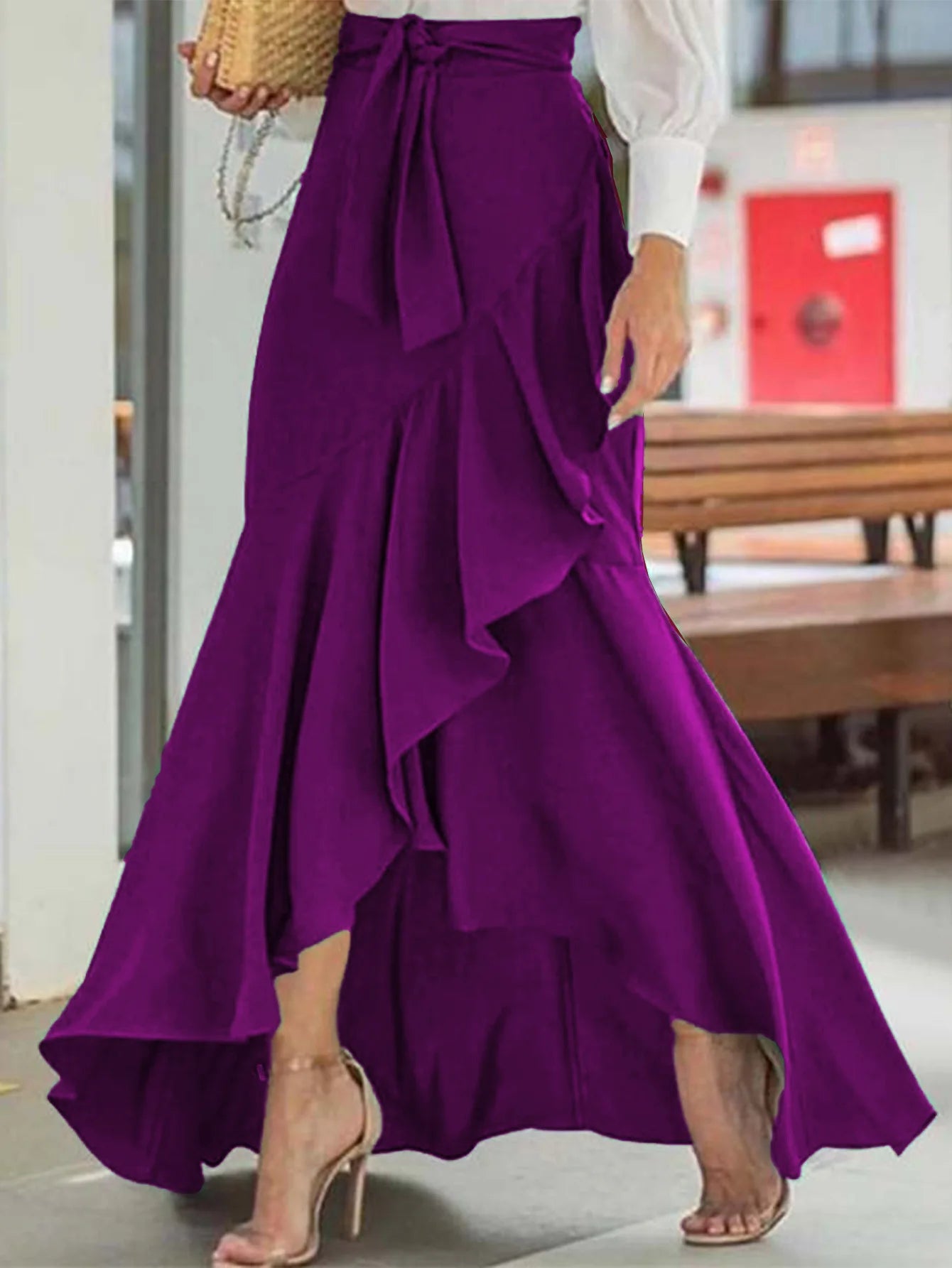 Women's Elegant Solid High Waist Mermaid Skirt Fashion Elastic Irregular Ruffle Long Skirt Casual Bow Tie Detail Maxi Skirt 2025