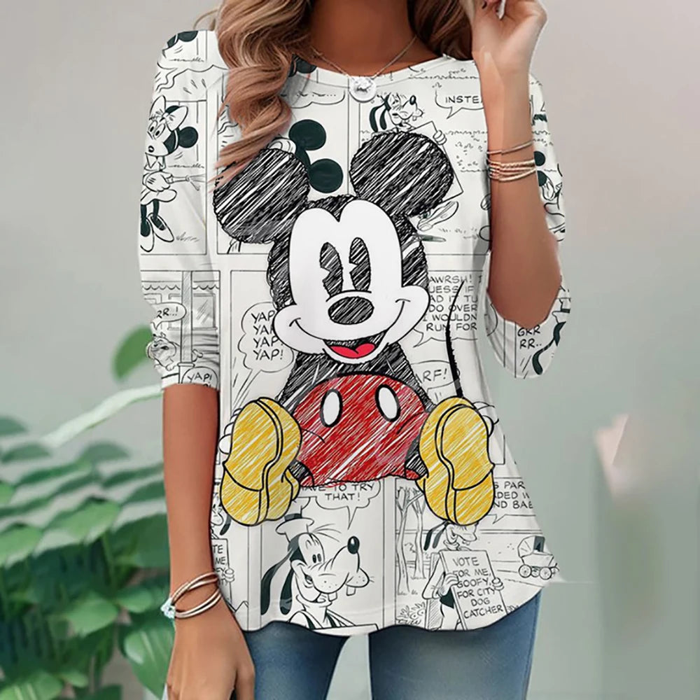 Women's Spring and Autumn New S-3XL Large T-shirt Solid Color Long Sleeve Loose Disney's Mickey Mouse Casual Harajuku Waist T-sh
