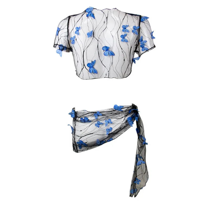 WPNAKS Women Bikini Cover-up Set Mesh Sheer Three-dimensional Butterfly Short Sleeve Crop Tops Tie-up Sarong Wrap Skirt
