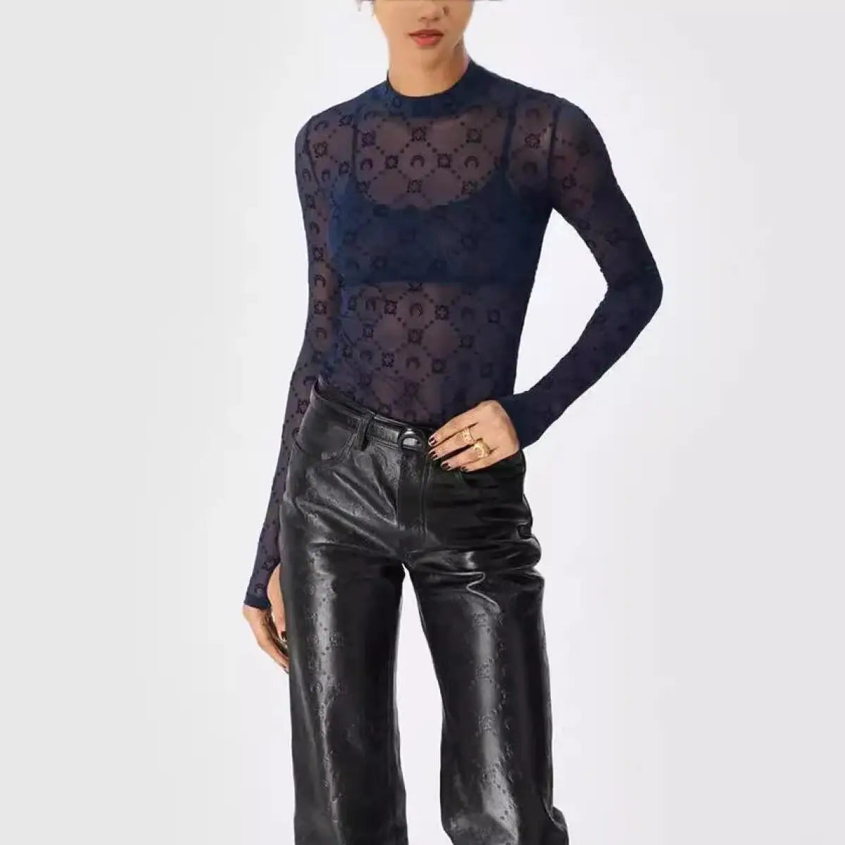 Women Tshirt Long Sleeve Korean Sexy Sweet Spicy Top Hollow Out Mesh Plush Moon Print Street Shorts Mushroom Edge Tight Fit