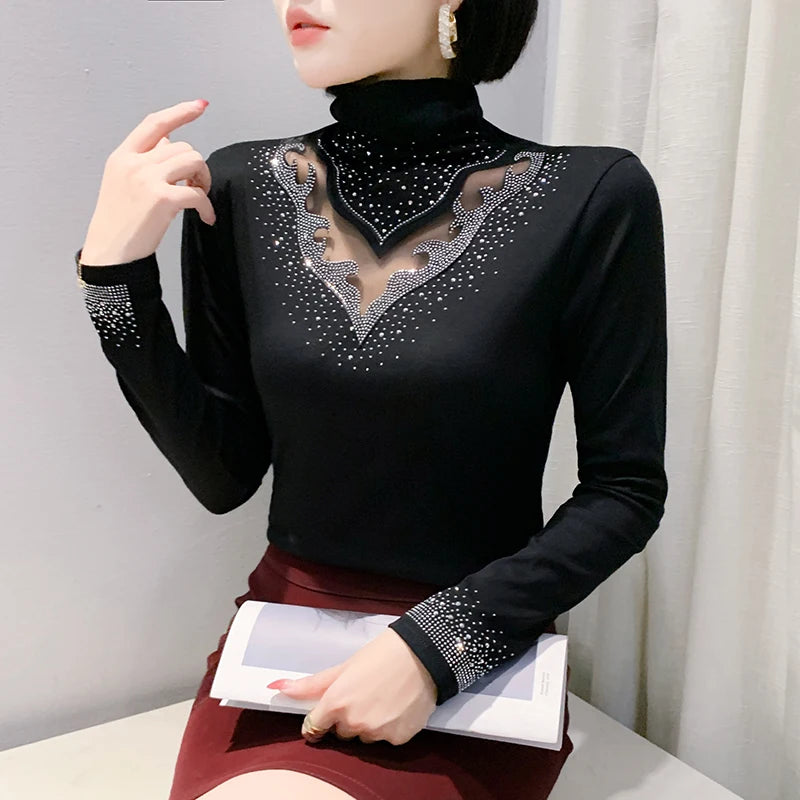 2025 European Station Long Sleeve Women Tees Autumn Winter New Stand collar Hot Diamond T Shirt Fashion Slim Mesh Tops