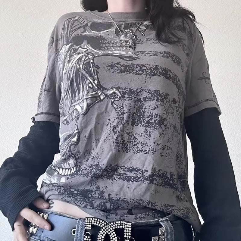 Women Y2k Fairy Grunge Shirt Vintage Graphic Print Long Sleeve Tee Shirt Tops Teen Girls Grunge Aesthetic Clothes Streetwear